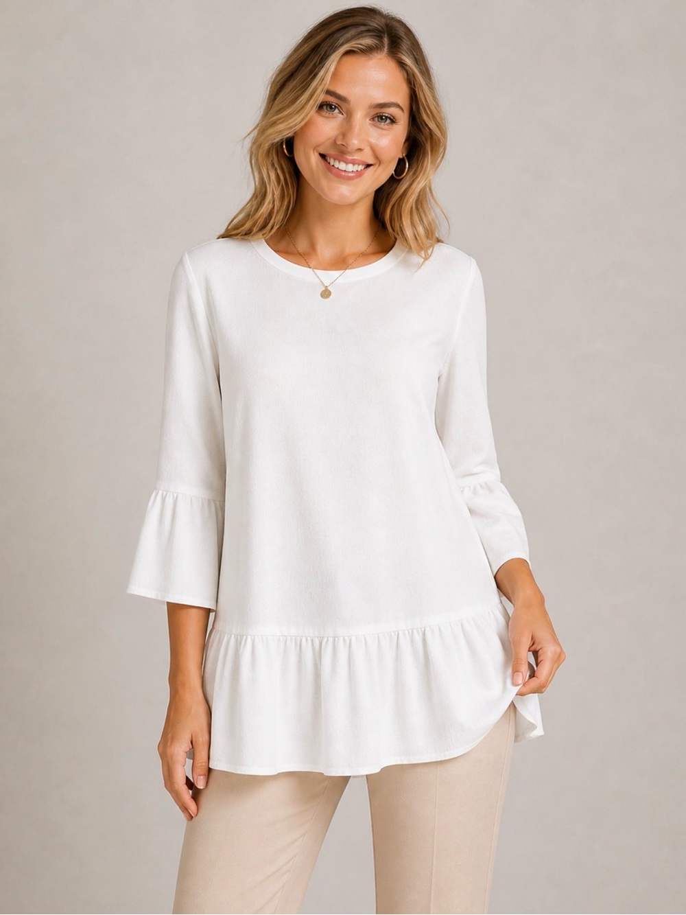 ANTHROPOLOGIE PLEIONE Ivory White Ruffle-Hem Tunic 3/4 Bell Sleeves Boho Size M